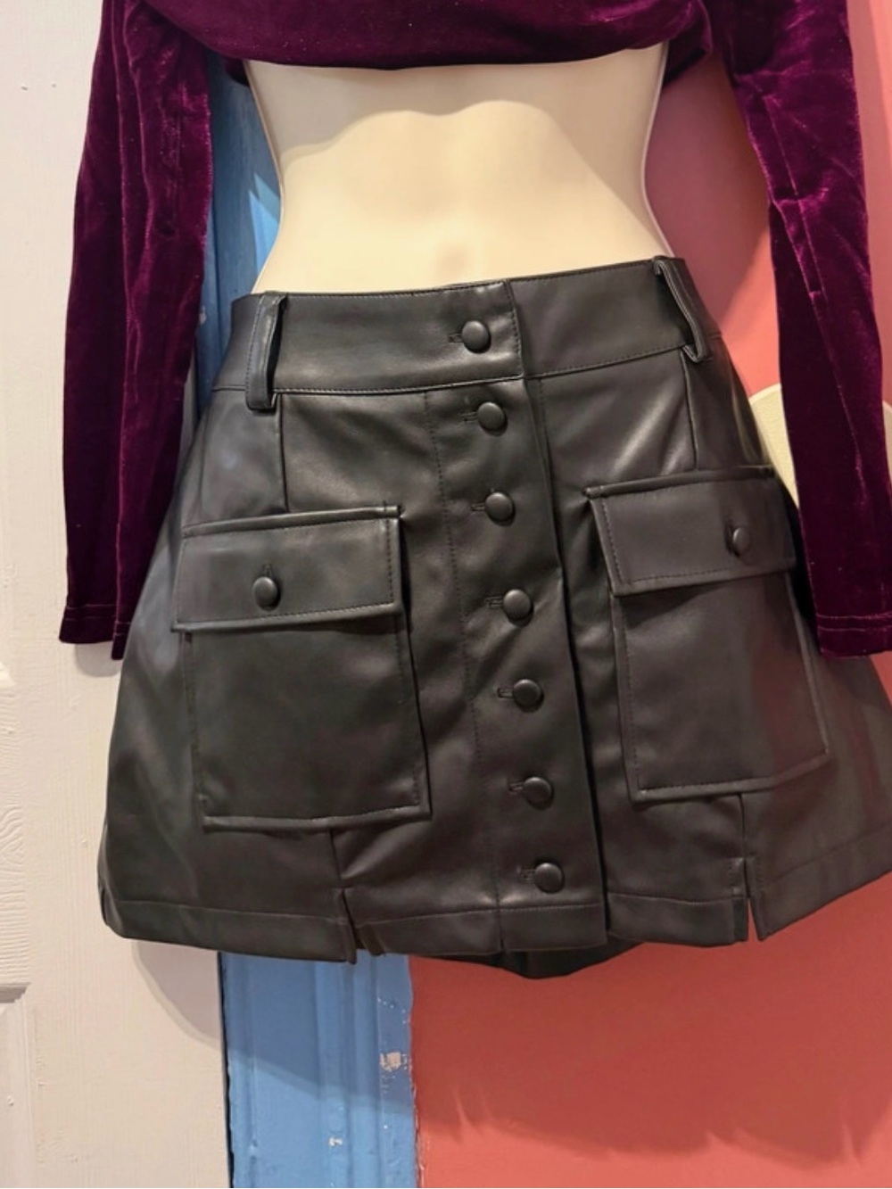 Black Faux Leather Button-Front Cargo Mini Skirt
